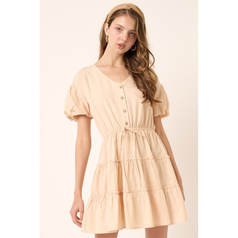 Beige Puff Sleeve Detail Mini Dress