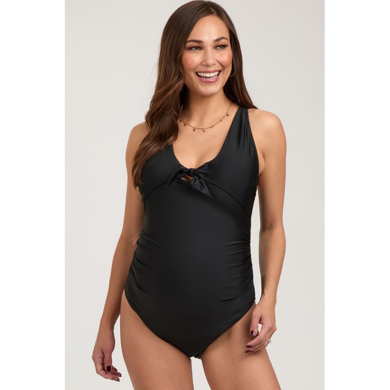 Black Tie Front V-Neck Criss Cross Back One-Piece Maternity Swimsuit