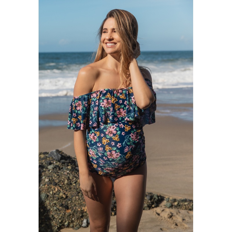 Blue Floral Ruffle Trim Ruched One-Piece Maternity Swimsuit
