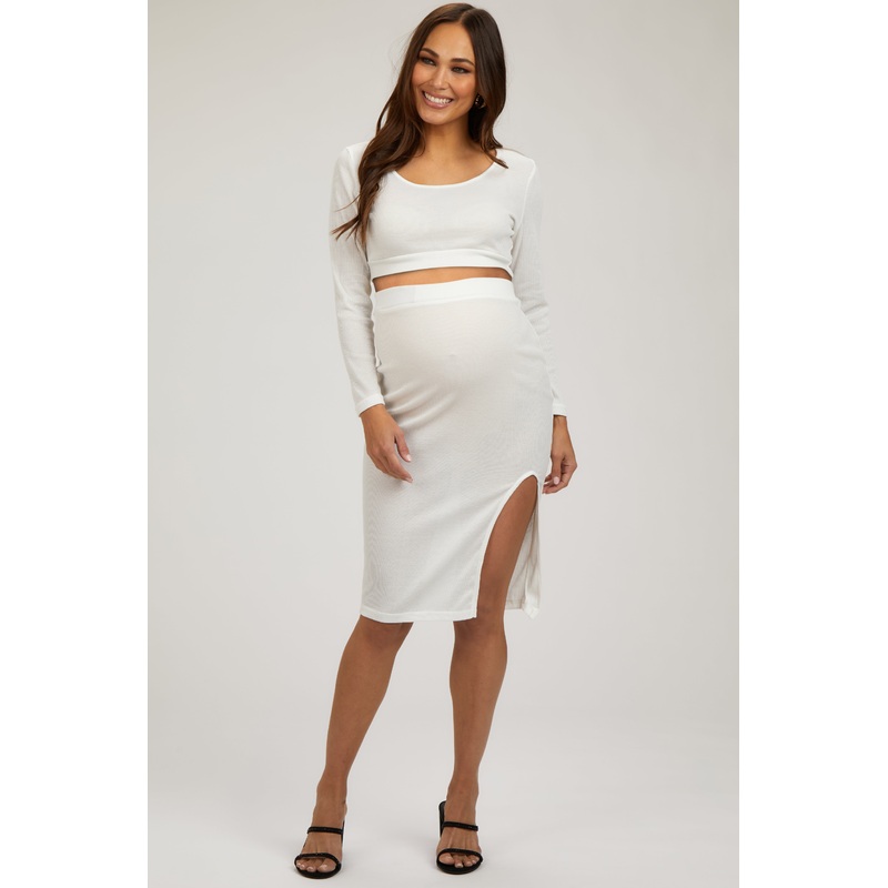 Ivory Ribbed Long Sleeve Crop Top Maternity Skirt Set