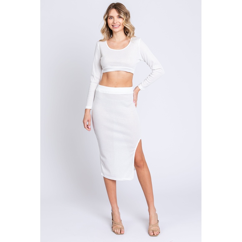 Ivory Ribbed Long Sleeve Crop Top Skirt Set