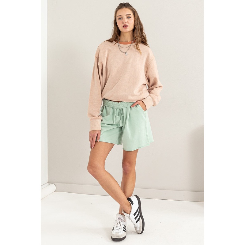 Mint Green Raw Hem Drawstring Shorts