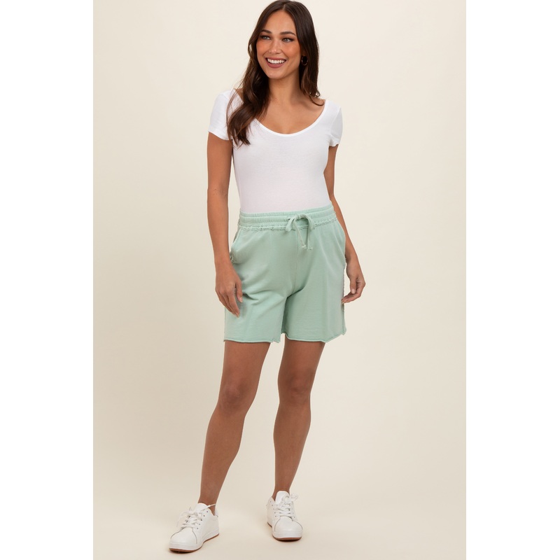 Mint Green Raw Hem Maternity Drawstring Shorts