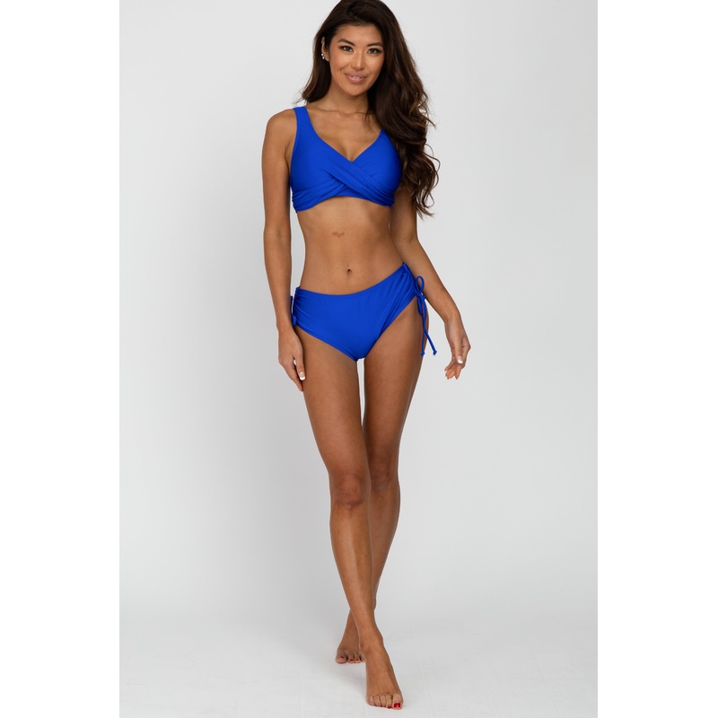 Royal Blue Cross Front Drawstring Side Two-Piece Bikini Set