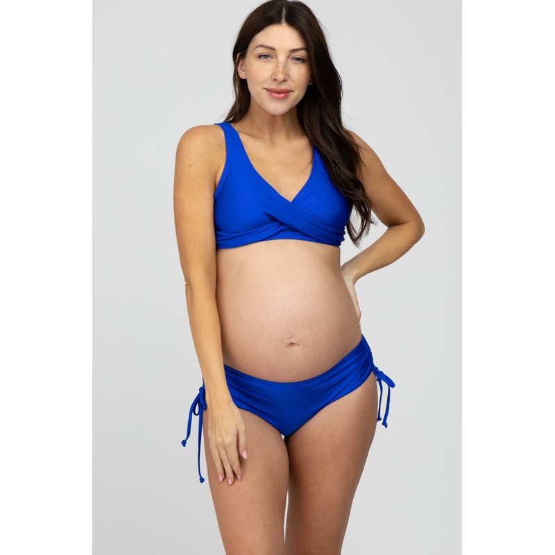 Royal Blue Cross Front Drawstring Side Two-Piece Maternity Bikini Set