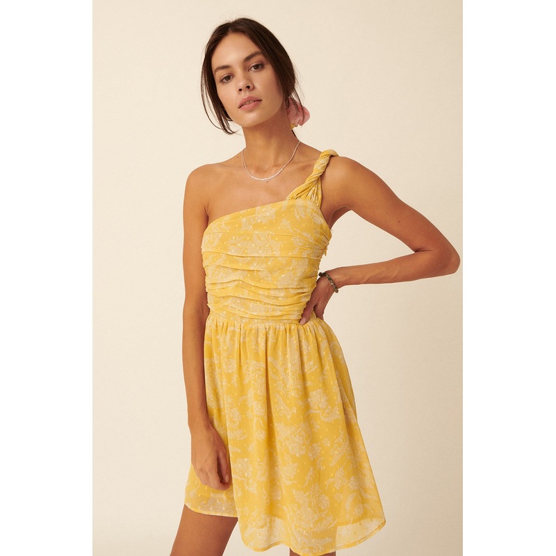 Yellow Floral Swiss Dot Chiffon One Shoulder Mini Dress