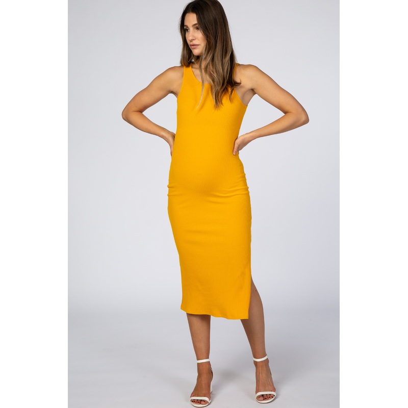 Yellow Ribbed Maternity Midi Dress