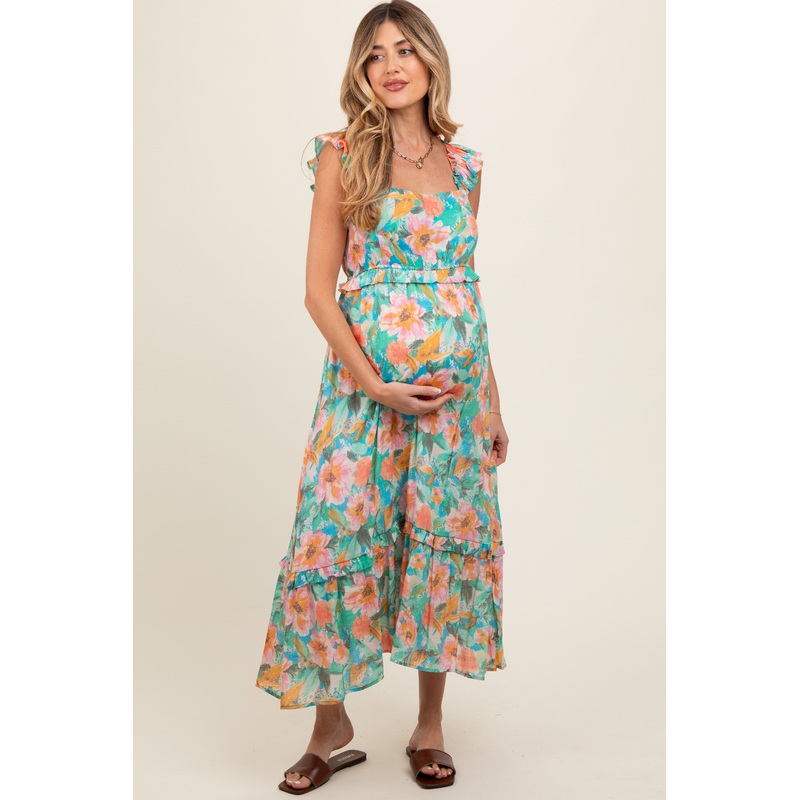 Aqua Watercolor Floral Ruffle Accent Maternity Midi Dress