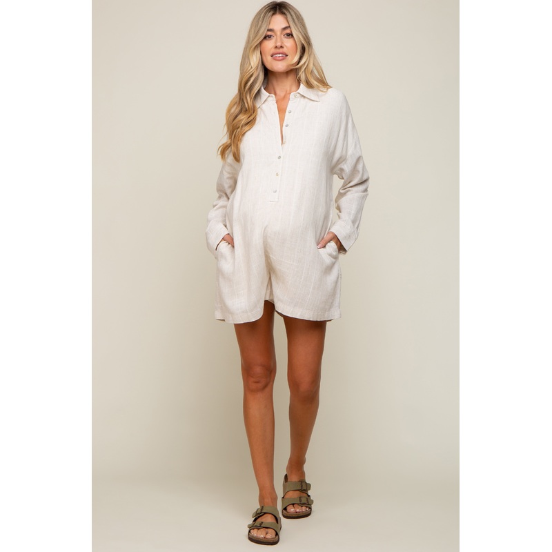 Beige Button Front Long Sleeve Linen Maternity Romper
