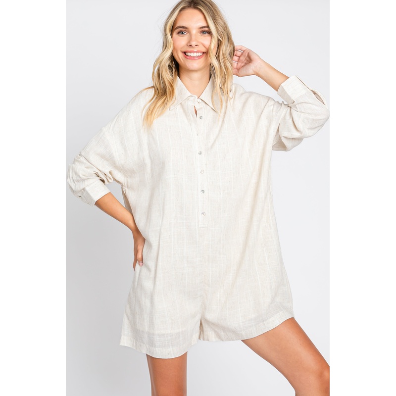 Beige Button Front Long Sleeve Linen Romper