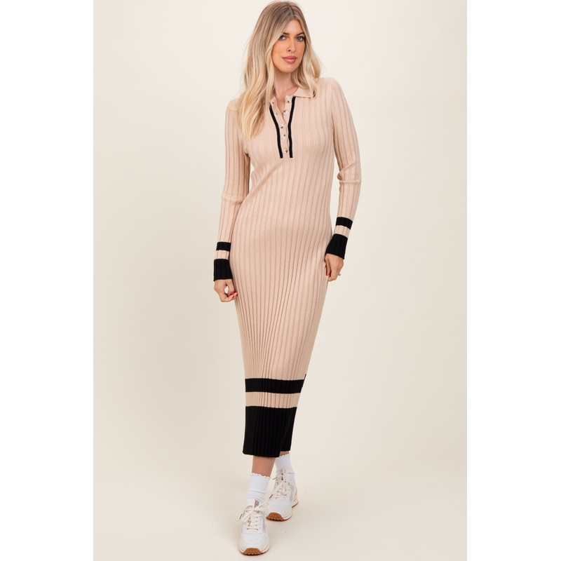 Beige Contrast Trim Knit Polo Midi Dress