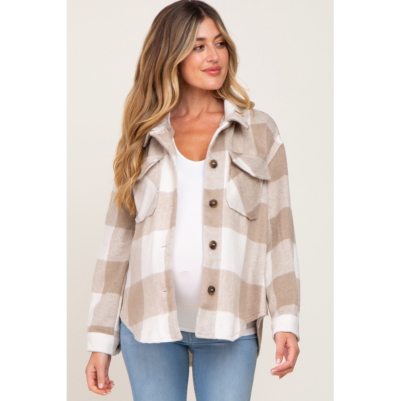 Beige Plaid Knit Maternity Shirt Jacket