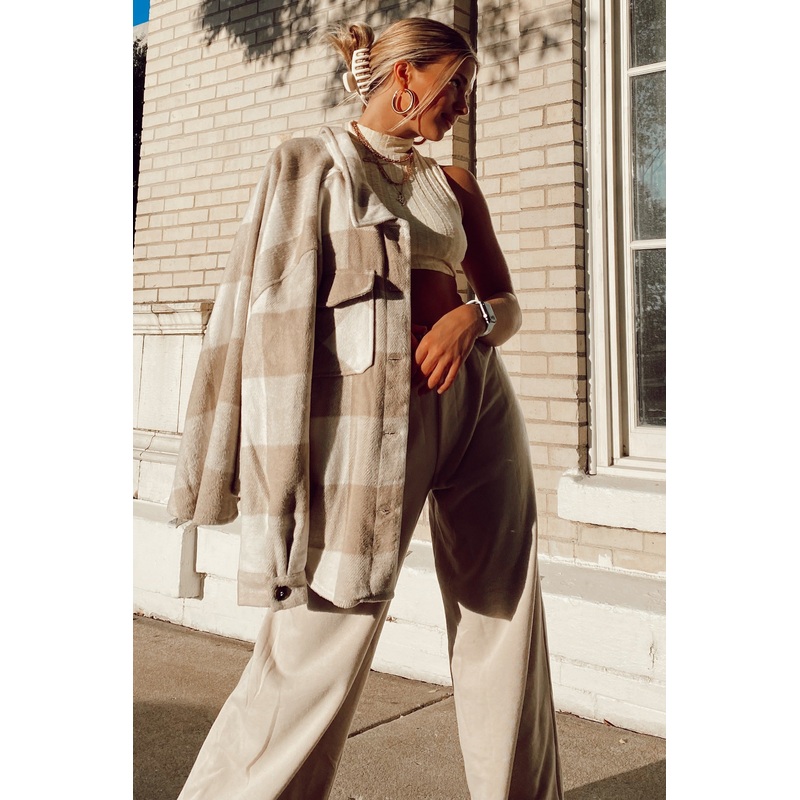 Beige Plaid Knit Shirt Jacket