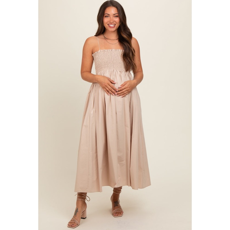 Beige Smocked Pocketed Maternity Midi Dress