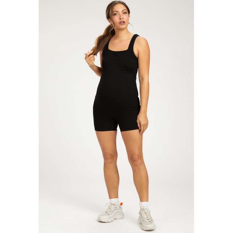 Black Ribbed Square Neck Sleeveless Maternity Romper