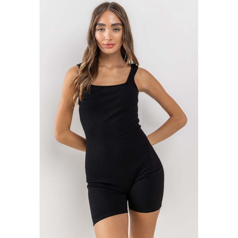 Black Ribbed Square Neck Sleeveless Romper