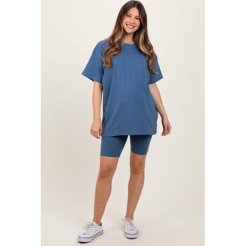 Blue Biker Shorts Maternity Set