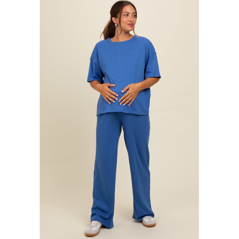 Blue Textured Knit Oversized Tee And Pants Maternity Set