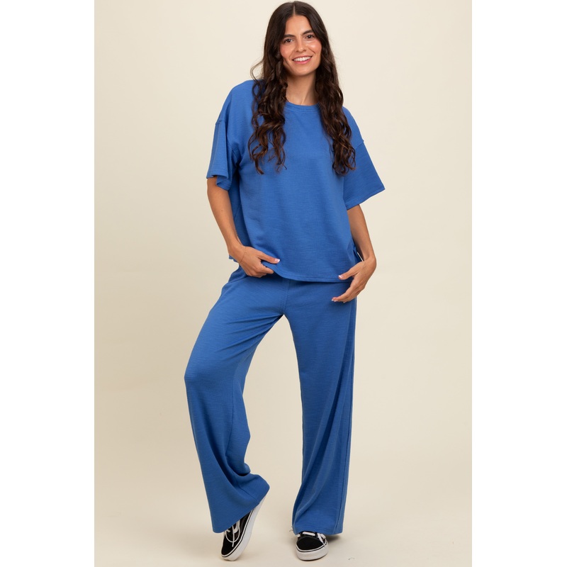 Blue Textured Knit Oversized Tee And Pants Set
