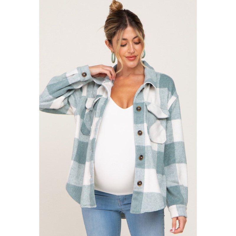Green Plaid Knit Maternity Shirt Jacket