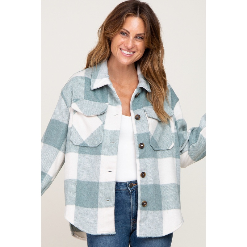 Green Plaid Knit Shirt Jacket