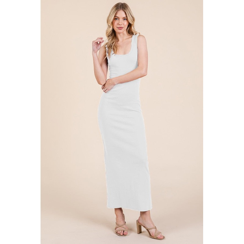 White Ribbed Basic Maxi Dress