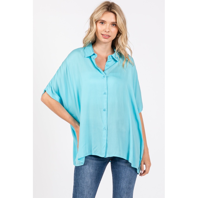 Aqua Dolman Sleeve Button Down Blouse