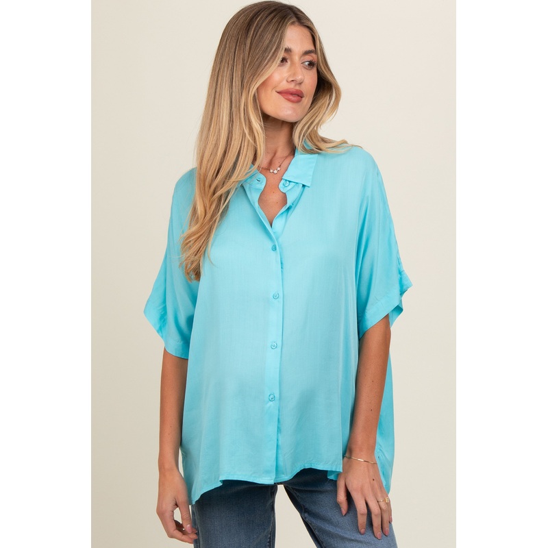 Aqua Dolman Sleeve Button Down Maternity Blouse