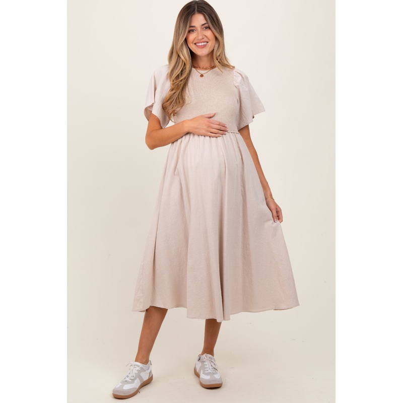 Beige Ribbed Knit Contrast Top Maternity Midi Dress