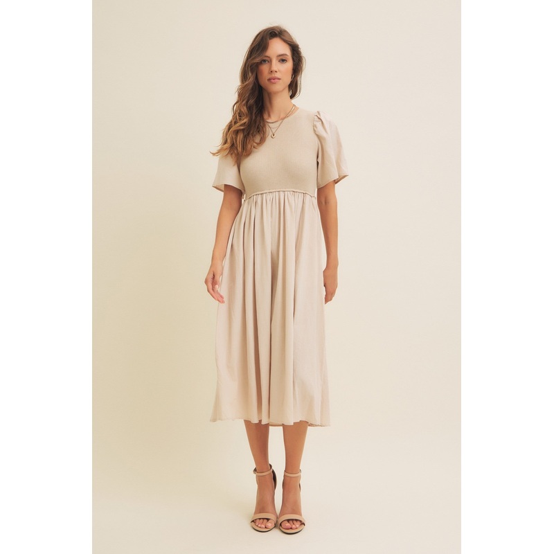 Beige Ribbed Knit Contrast Top Midi Dress