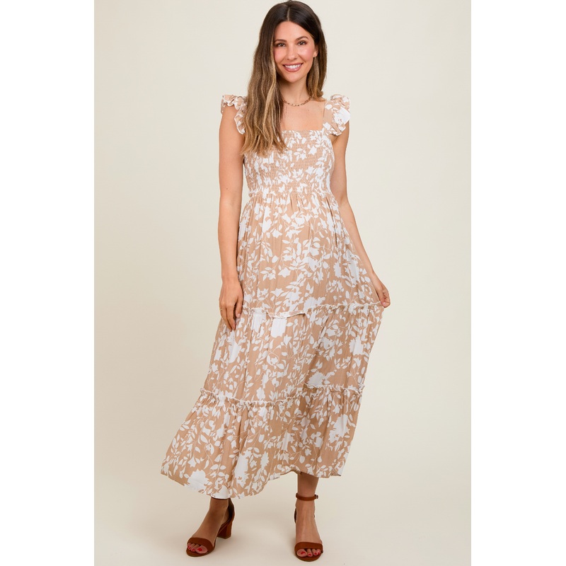 Beige Ruffle Sleeve Tiered Maternity Maxi Dress
