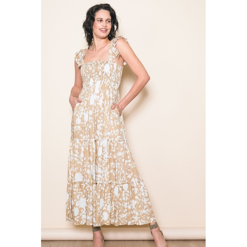 Beige Ruffle Sleeve Tiered Maxi Dress