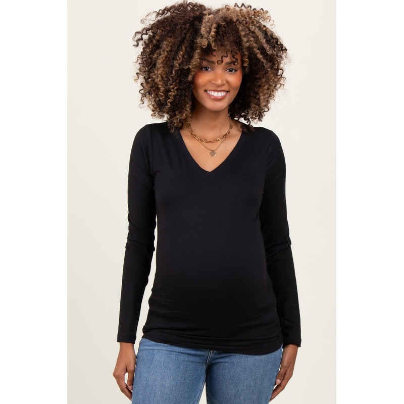 Black Brushed Knit V-Neck Long Sleeve Maternity Top
