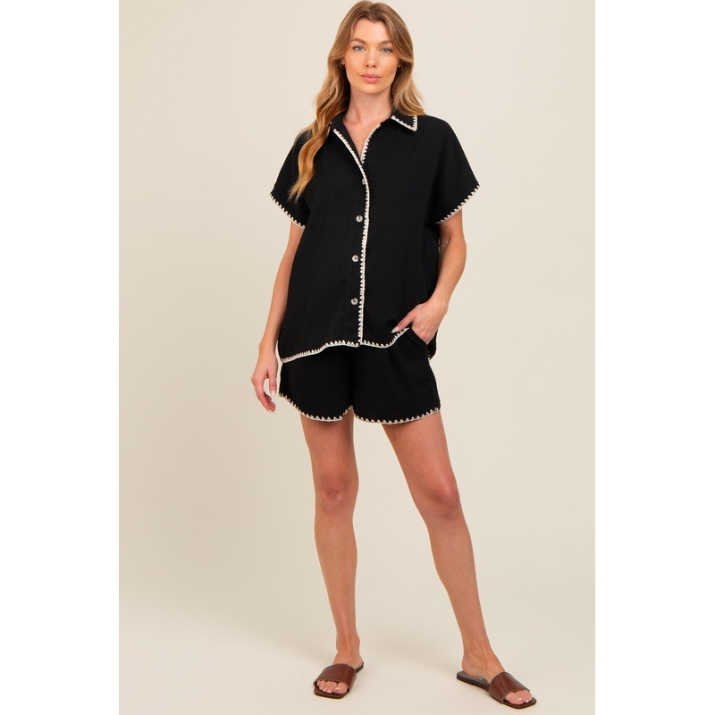 Black Contrast Stitch Button Down Maternity Shorts Set