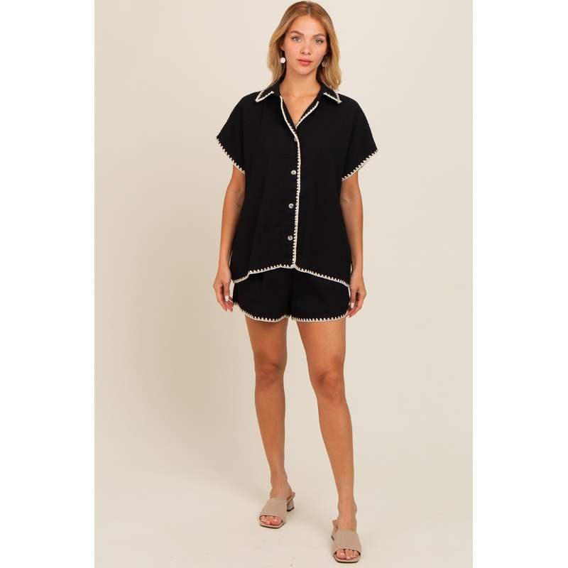 Black Contrast Stitch Button Down Shorts Set