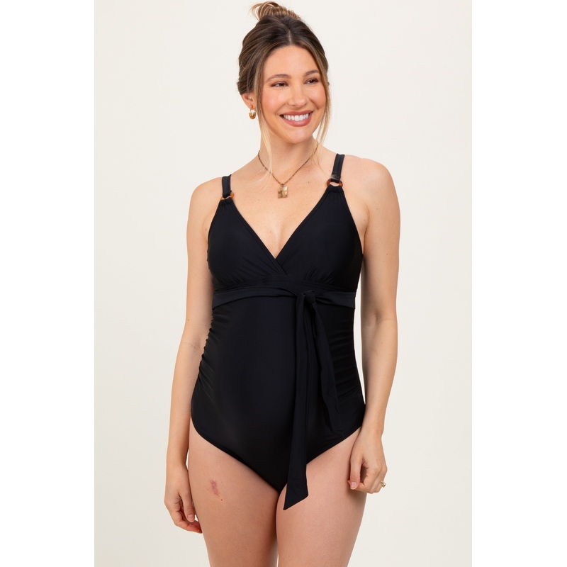 Black Crossover V-Neck Sash Tie Ruched Maternity Swimsuit