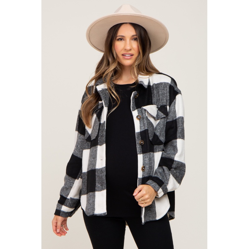 Black Plaid Knit Maternity Shirt Jacket