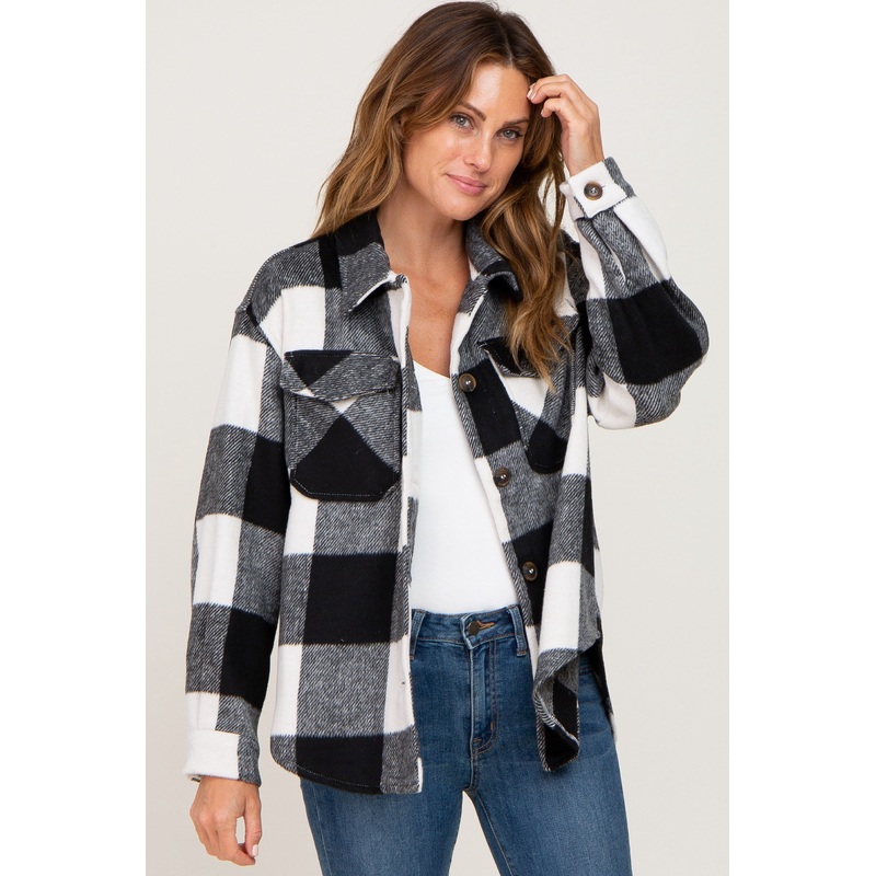 Black Plaid Knit Shirt Jacket