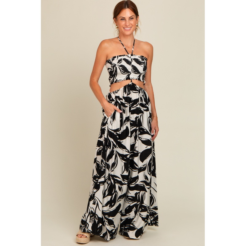 Black Tropical Print Cutout Smocked Jumpsuit