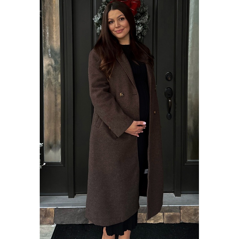 Brown Felted Double Breasted Lapel Maternity Button Coat