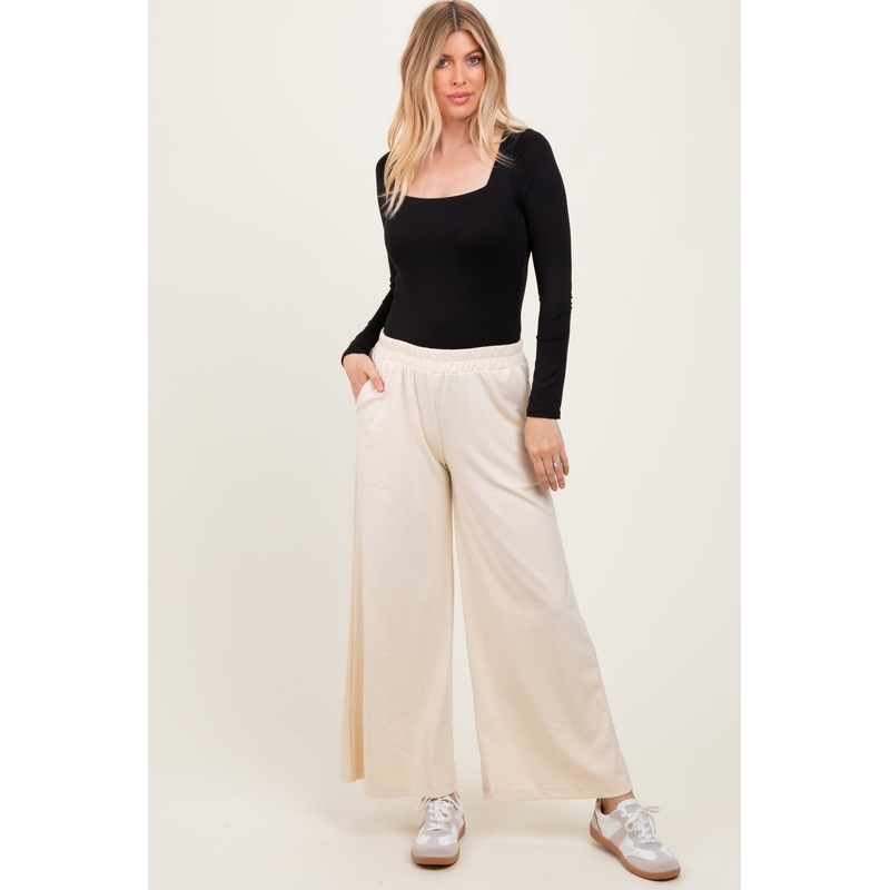 Cream Brushed Knit Wide Leg Pants