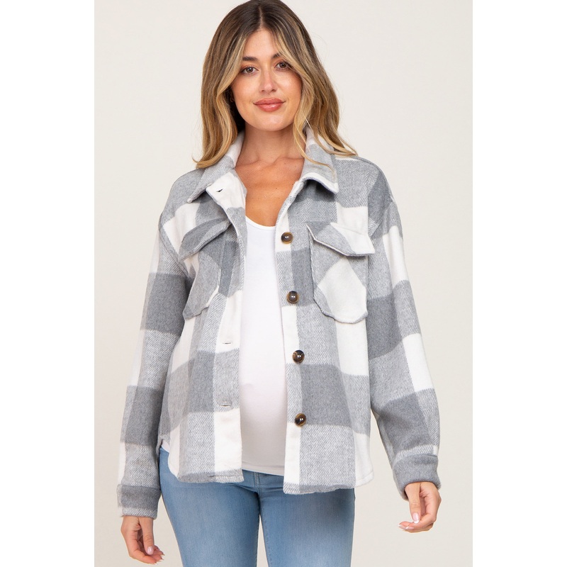 Grey Plaid Knit Maternity Shirt Jacket