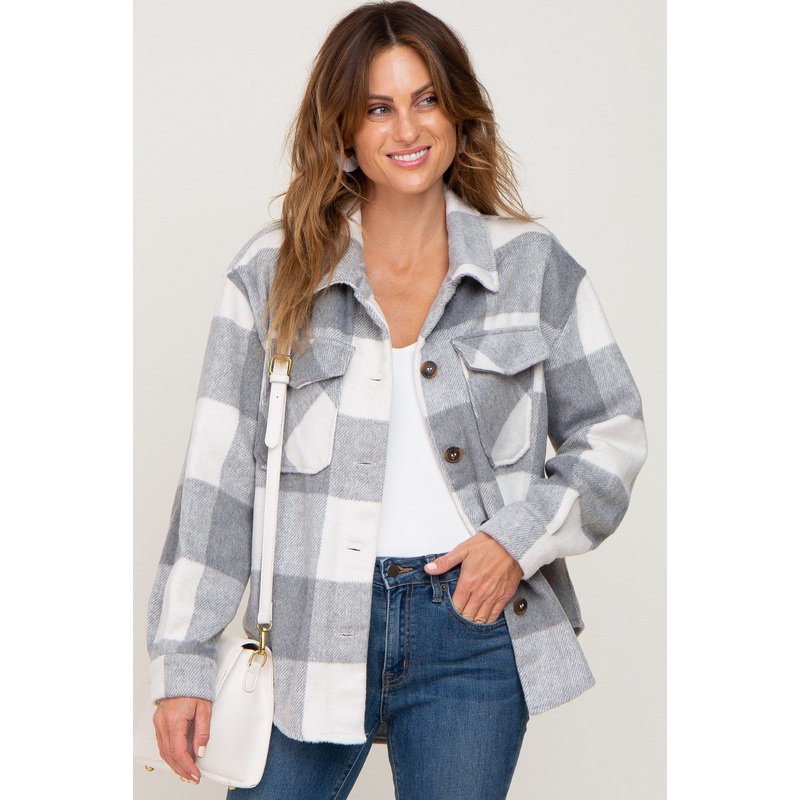 Grey Plaid Knit Shirt Jacket