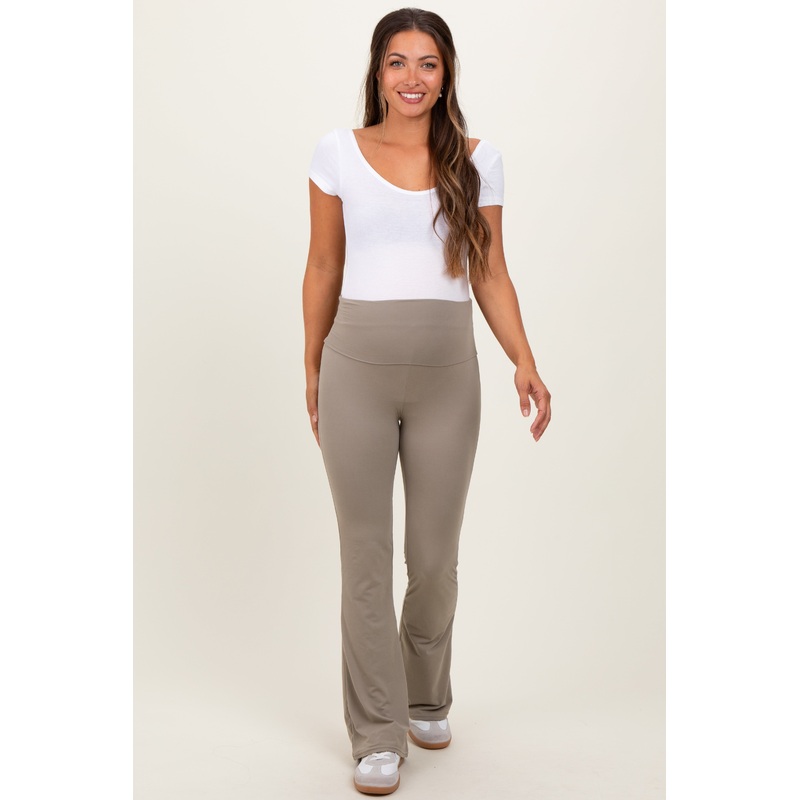Light Olive Fold Over Waistband Maternity Flared Pants