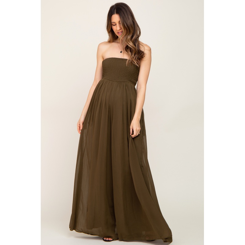 Olive Smocked Strapless Wide Leg Maternity Jumpsuit