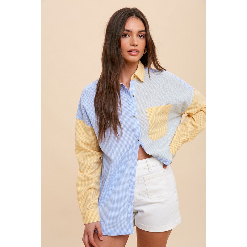Yellow Colorblock Gingham Button Down Top