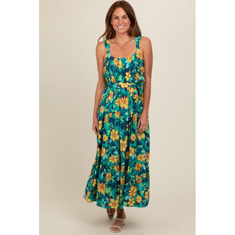 Yellow Floral Tiered Sash Tie Midi Dress