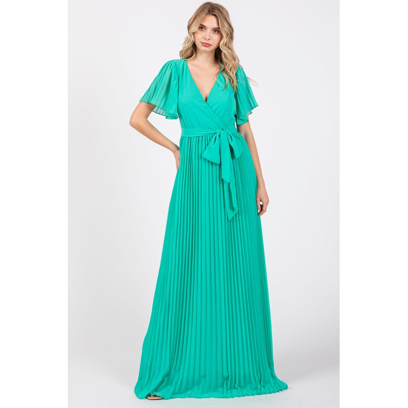 Aqua Chiffon Wrap Front V-Neck Short Sleeve Pleated Maxi Dress