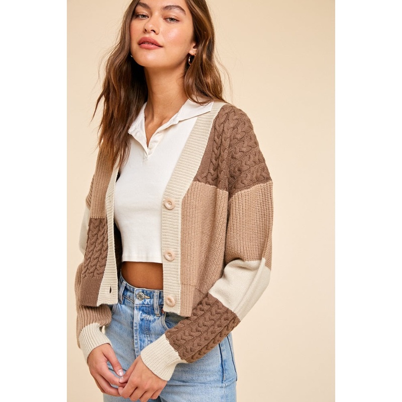 Beige Patchwork Color Block Cable Cardigan