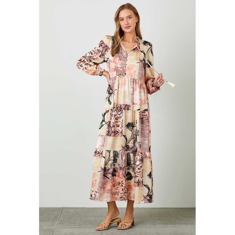 Beige Patchwork Satin Tiered Button Front Midi Dress
